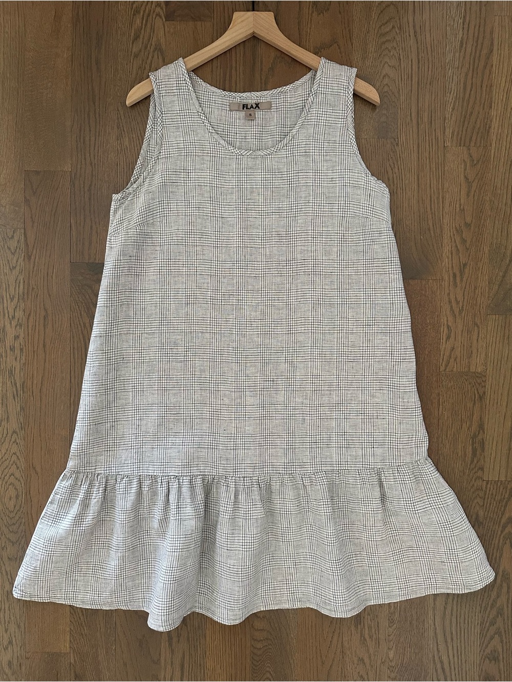 Vintage Flax Plaid Heavyweight Linen Drop Waist Babydoll Dress Beige Black Small